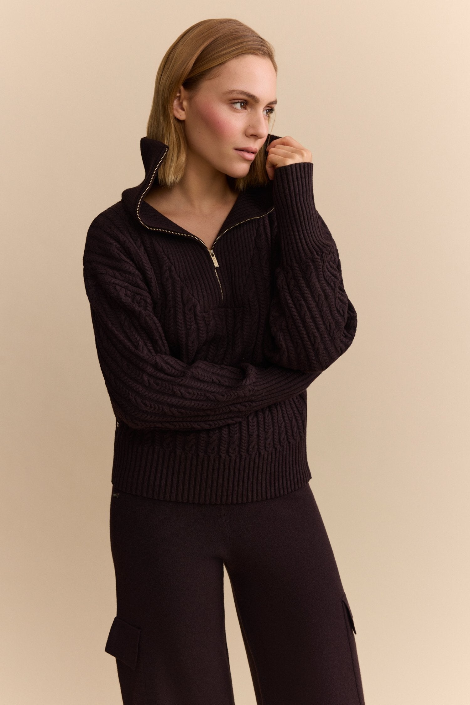 Olly Cable Knit Half Zip Sweater -  Dark Espresso