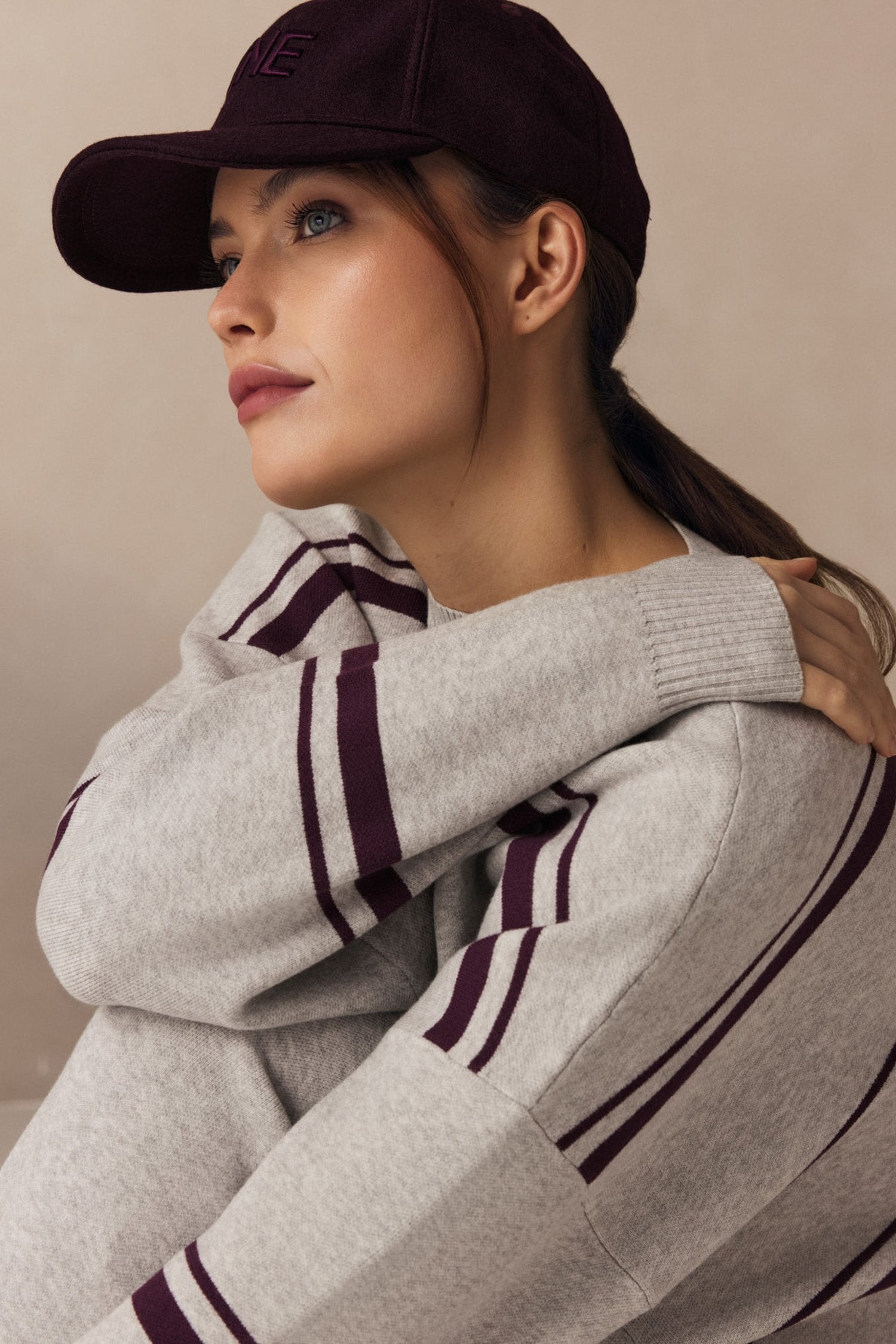 Olly Striped Crew Sweater - Grey Melange / Bordeaux
