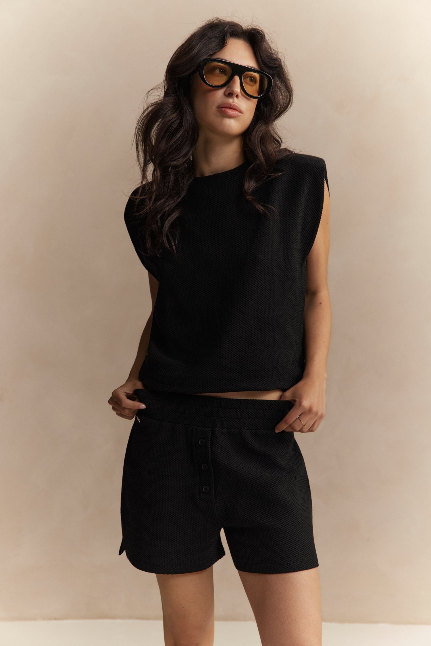 Moon Padded Shoulder Top - Black