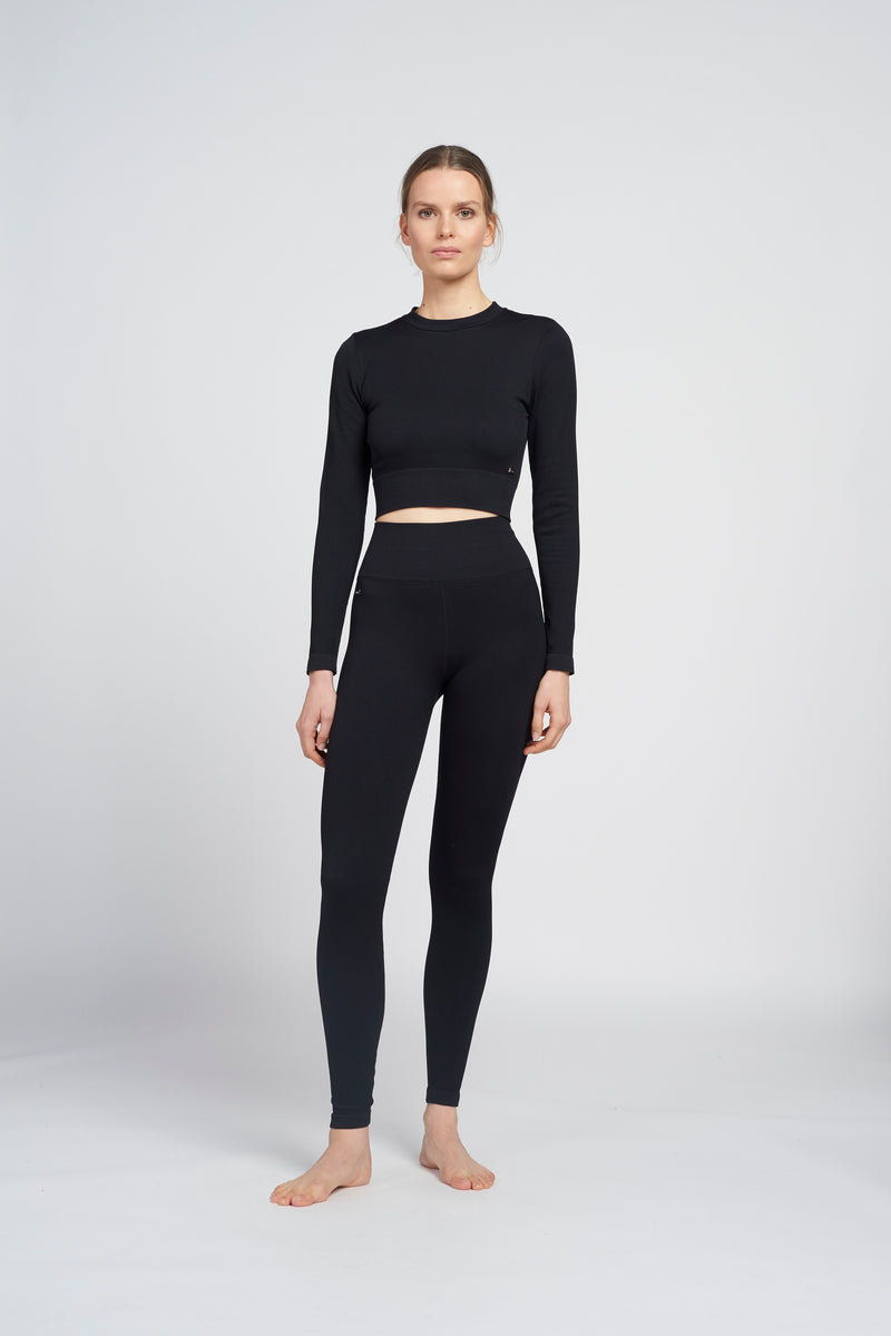 Polly rib long-sleeve cropped top - Black
