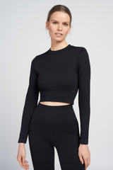 Polly rib long-sleeve cropped top - Black